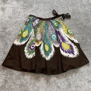 BCBGMAXAZRIA Skirt Womens Medium Brown Peacock Feather Design Tie Cotton Knee